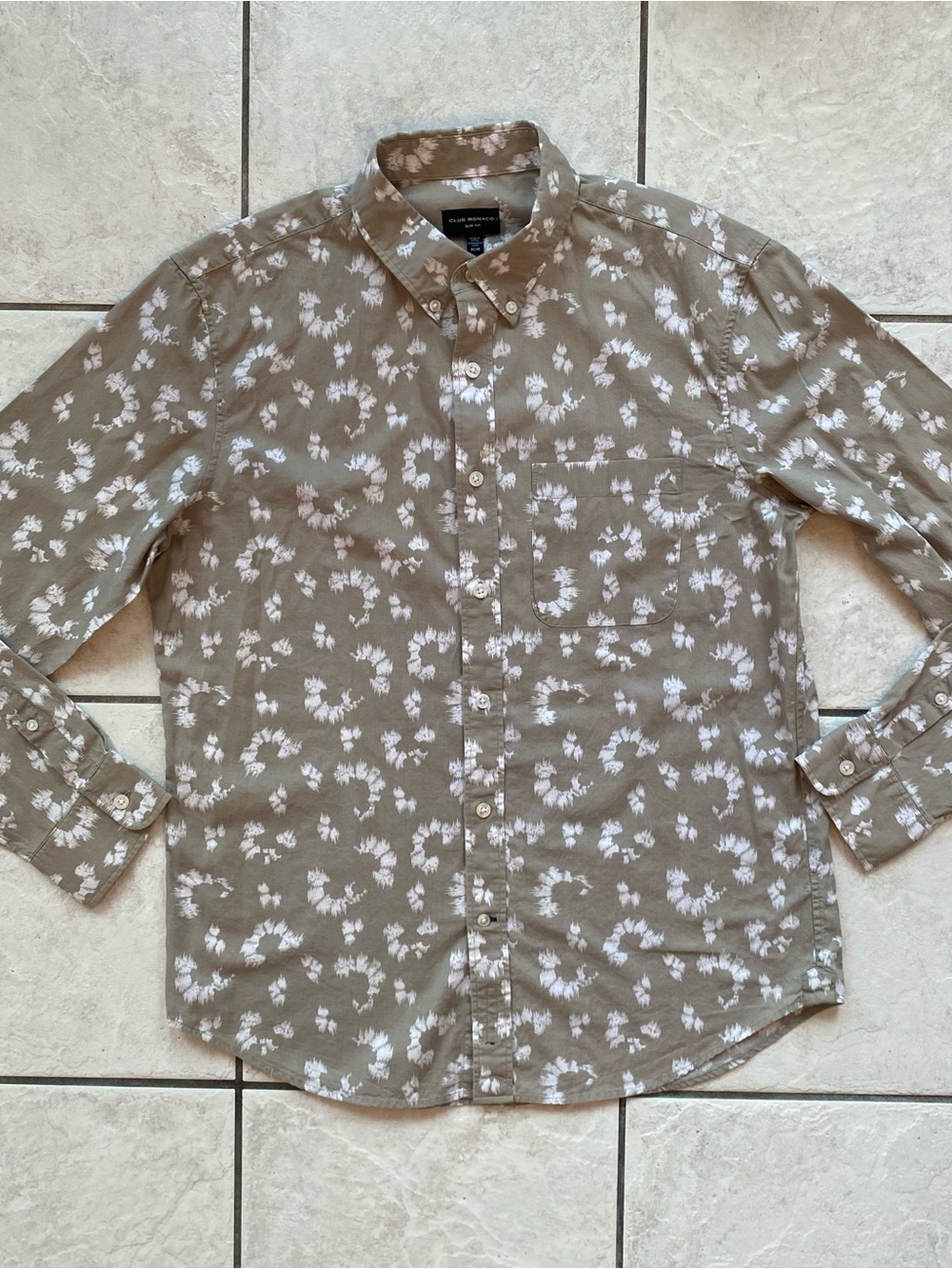 Club Monaco Men Slim Fit Shirt Long Sleeve Khaki Taupe Abstract Print Cotton M